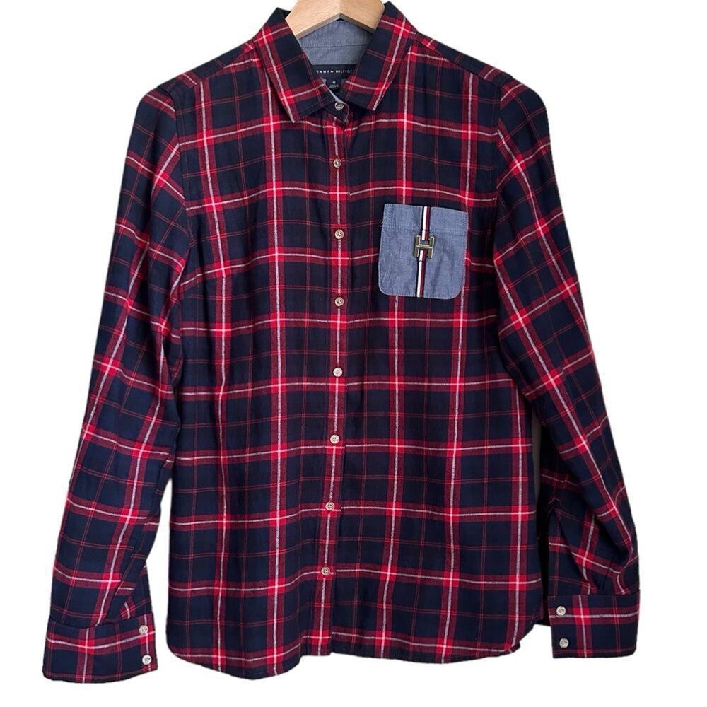 Tommy Hilfiger Women M Plaid Button-Up Shirt Red Navy Check Cotton Logo Pocket